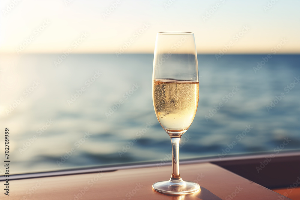 Sparkling wine in glass with ocean on background. Generative AI