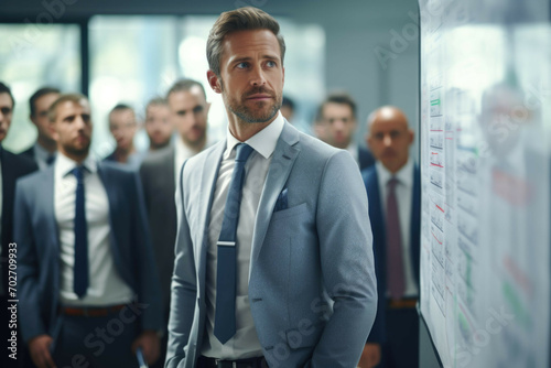 Businessman leading meeting in front of whiteboard.