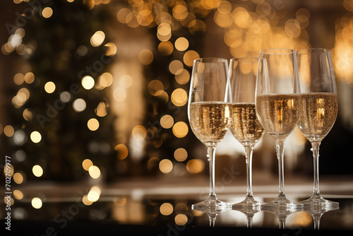 Glasses of sparkling champagne wine in restaurant on blurred golden background. Generative AI