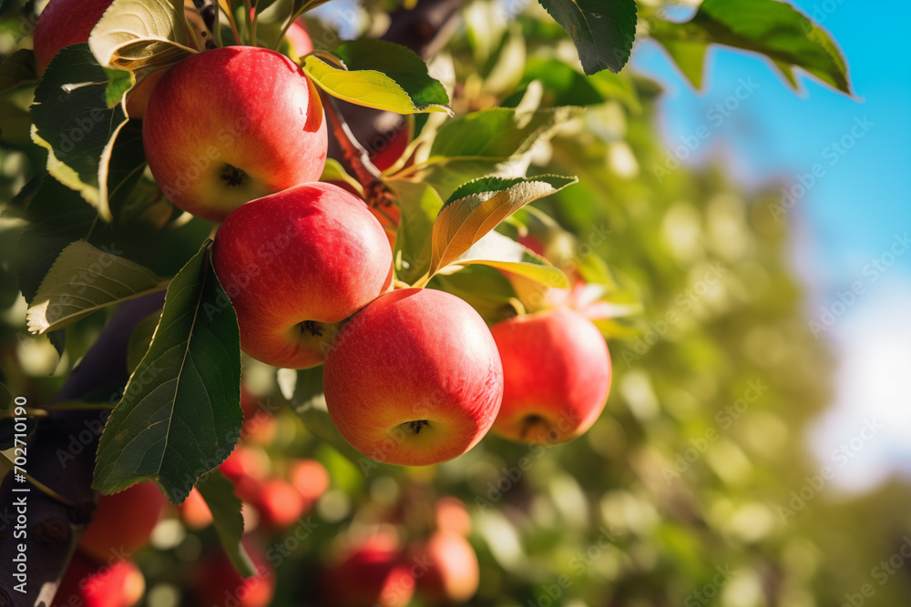 Obraz premium Apples ripening on tree on sunny day. Generative AI