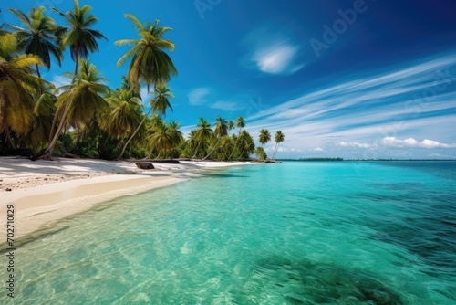A panoramic view of a tropical beach with turquoise waters and palm trees  © PinkiePie