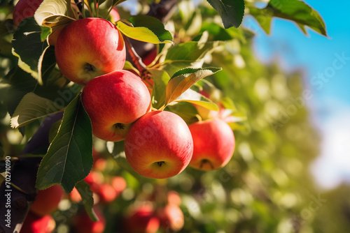 Apples ripening on tree on sunny day. Generative AI