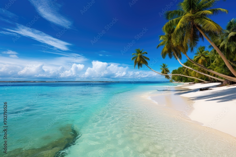A panoramic view of a tropical beach with turquoise waters and palm trees A panoramic view of a tropical beach with turquoise waters and palm trees