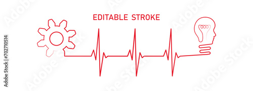 Editable lines heart rhythm illustration with lightbulb, head, gear, heartbeat line vector to use in healthcare, business idea, healthy lifestyle, medicine and ekg concept illustration projects. 