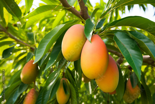 Ripening mangoes hanging on batch on tree. Generative AI