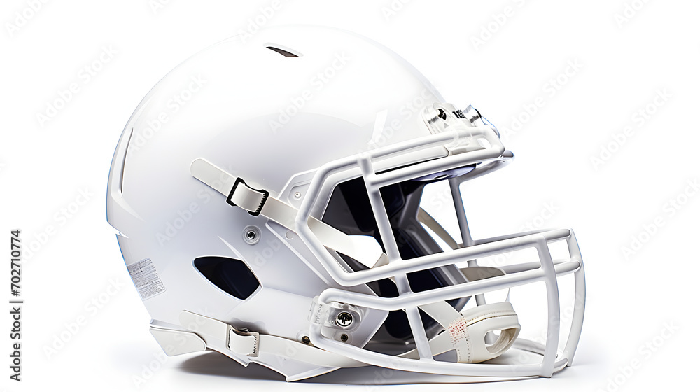 A generic white football helmet designed for American football, showing safety and protection during the game, isolated on a white background A generic white football helmet designed for American football, showing safety and protection during the game, isolated on a white background