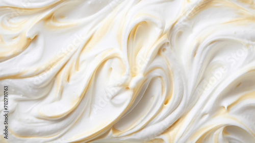 Close-up of vanilla ice cream texture. Top view of frozen white-yellow gelato surface. Food background. Generative AI
