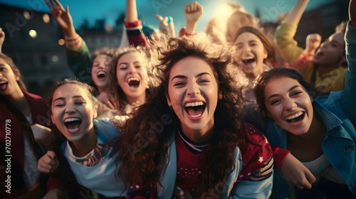 A group of young teenage girls after the victory on the soccer or football field, their faces lit up with joy and laughter, and togetherness shines through as they celebrate a winning match