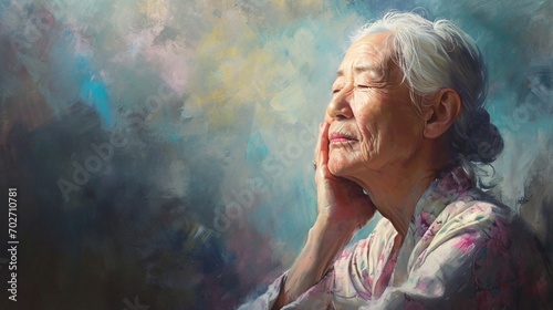 Serene meditation scene of an older woman, sharp details, pastel hues, and soft light
