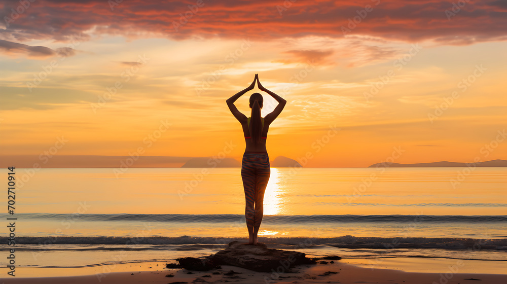 Caucasian woman practicing yoga at seashore