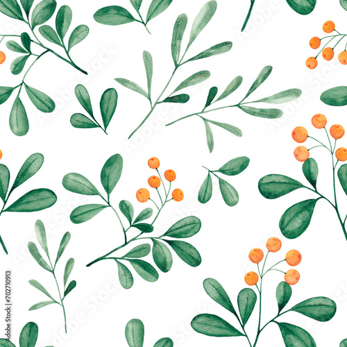 Watercolor twigs with yellow berries and green leaves on a white background. Seamless pattern.