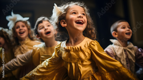 Children perform in a community theater production, showcasing their talent and creativity. The image reflects the innocence of young performers