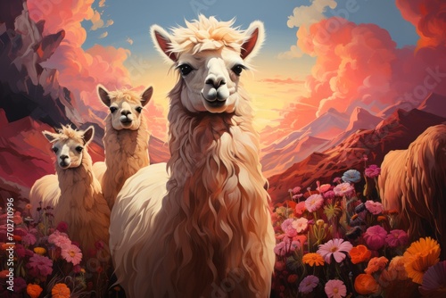 Llama animal outdoor on the colorful meadow, art photo