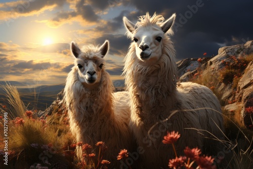 Llama animal outdoor on the colorful meadow, art photo