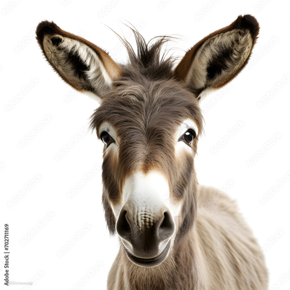 Head and shoulders close up portrait of a donkey isolated on a white background