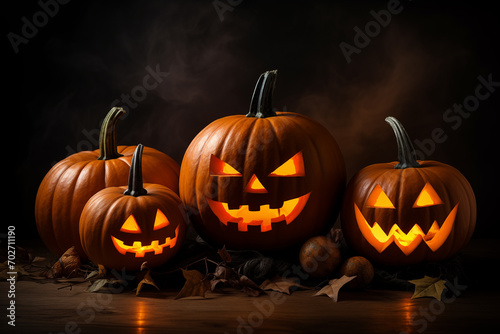 Halloween pumpkins with carved glowing faces. Generative AI © Nomad_Soul