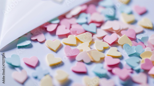 Aesthetic blank paper card mockup with pastel heart-shaped confetti. Luxury greeting card design concept. Generative AI © AngrySun
