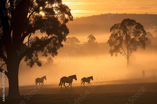 Herd of horses walking in fog early morning. Generative AI