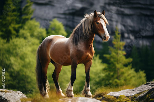 Horse standing at nature near rock. Generative AI