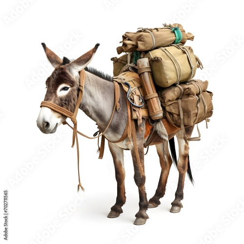 Packed mule with luggage isolated on a white background, hardworking and sturdy animal, traditionally used for carrying heavy loads over long distances