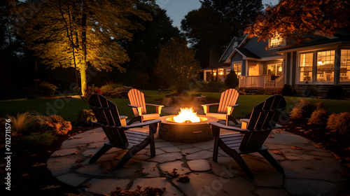 Outdoor fire pit placed in the backyard with lawn chairs seating on a late summer night