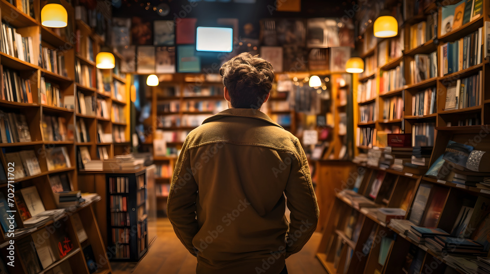 Teen standing in a quiet bookstore
