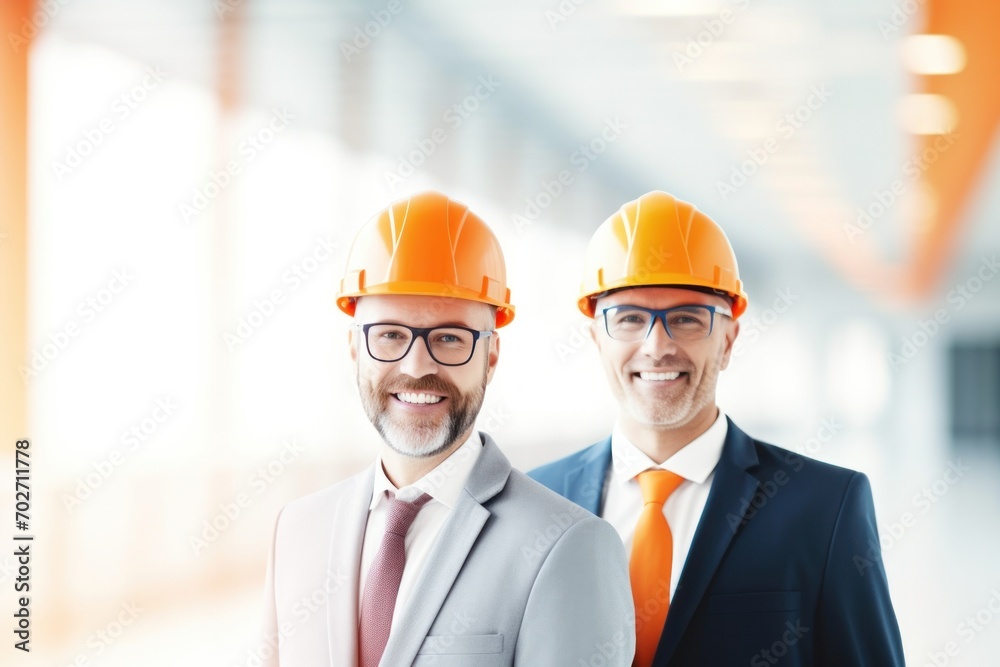 Cheerful businessman and architect, wearing suits and hardhats, collaborate on a construction project. Cheerful businessman and architect, wearing suits and hardhats, collaborate on a construction project.