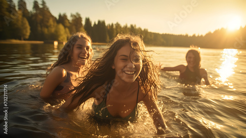 Three joyful teenage girls swimming in a lake, enjoys a carefree late summer afternoon, embodying youth © Trendy Graphics