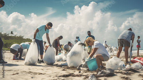 Volunteers demonstrating commitment and teamwork while they participate in a beach cleanup, an image of environmental responsibility and community