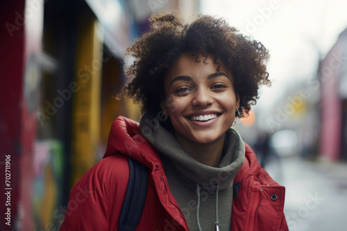 smiling woman in a street with graffiti