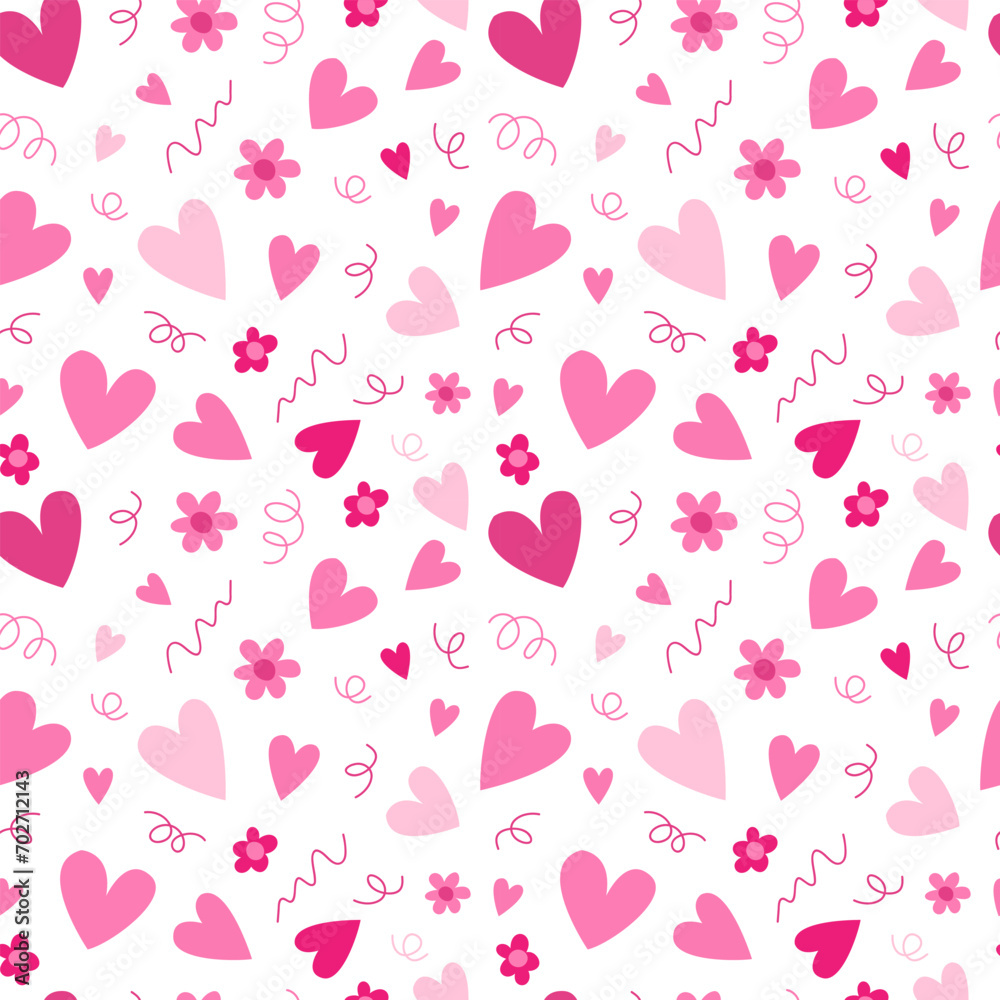 Pink hearts vector seamless pattern. Different hearts and flowers vector pattern on white background