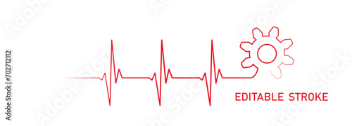 Editable lines heart rhythm illustration with gear wheel, heartbeat line vector design to use in healthcare, business, healthy lifestyle, medicine and ekg concept illustration projects. 
