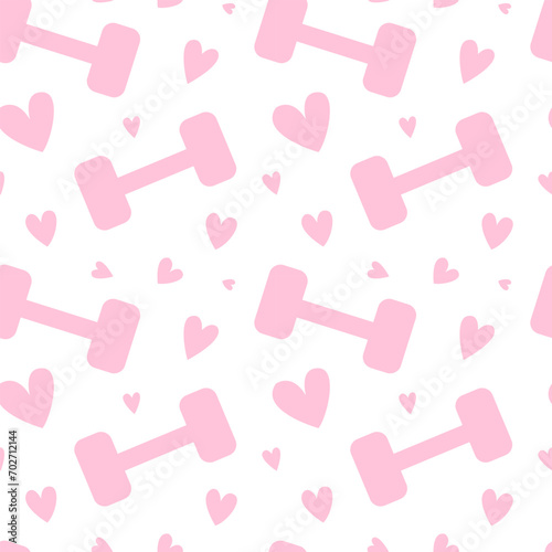 Pink dumbbells and hearts vector seamless pattern © Александра Кириченко