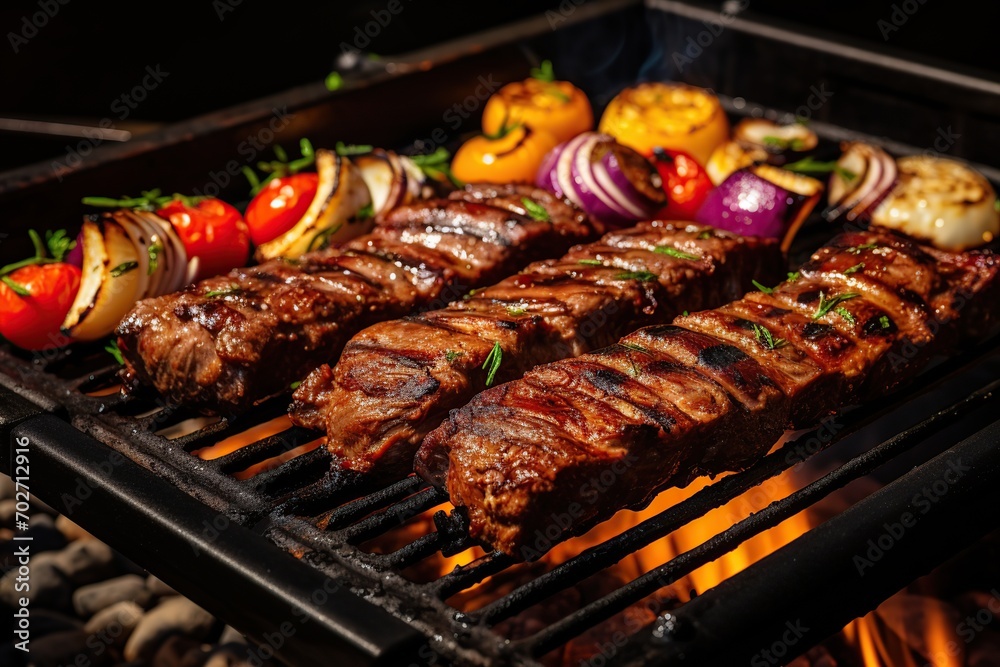 BBQ marinated meat with vegetables on the grill