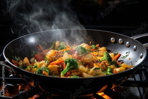 Chef cooking vegetables on pan on stove