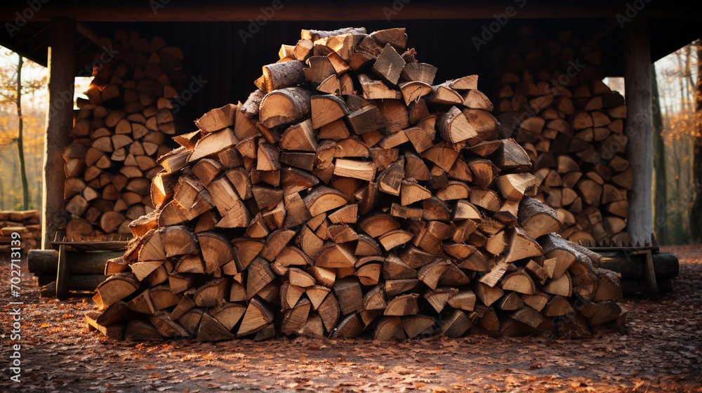 Sustainably Sourced Firewood Neatly Stacked Outside a Cabin, Ready for Cozy Evenings and Warmth