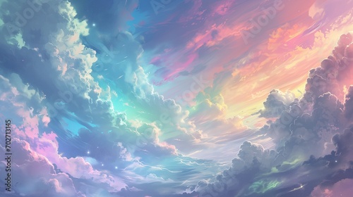  The sky and clouds shimmer in rainbow colors  depicted in a beautiful landscape with a fantastical style reminiscent of pastel dreams.