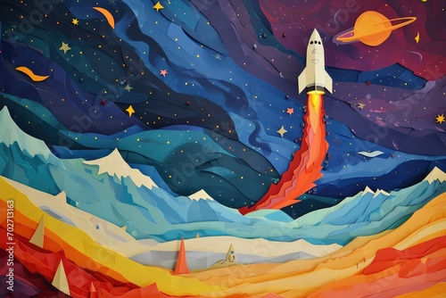A vibrant abstract masterpiece emerges as a child's imagination takes flight, blending bold strokes of acrylic paint into a modern interpretation of a rocket launching into the unknown