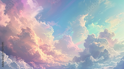  The sky and clouds shimmer in rainbow colors, depicted in a beautiful landscape with a fantastical style reminiscent of pastel dreams.