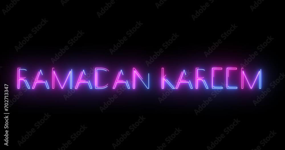 Obraz premium Glowing Ramadan Kareem Text animation with neon sign effect. Glittering glowing Islamic month of spirituality, hajj background. Elegant neon style glowing Happy Ramadan Arabic background.