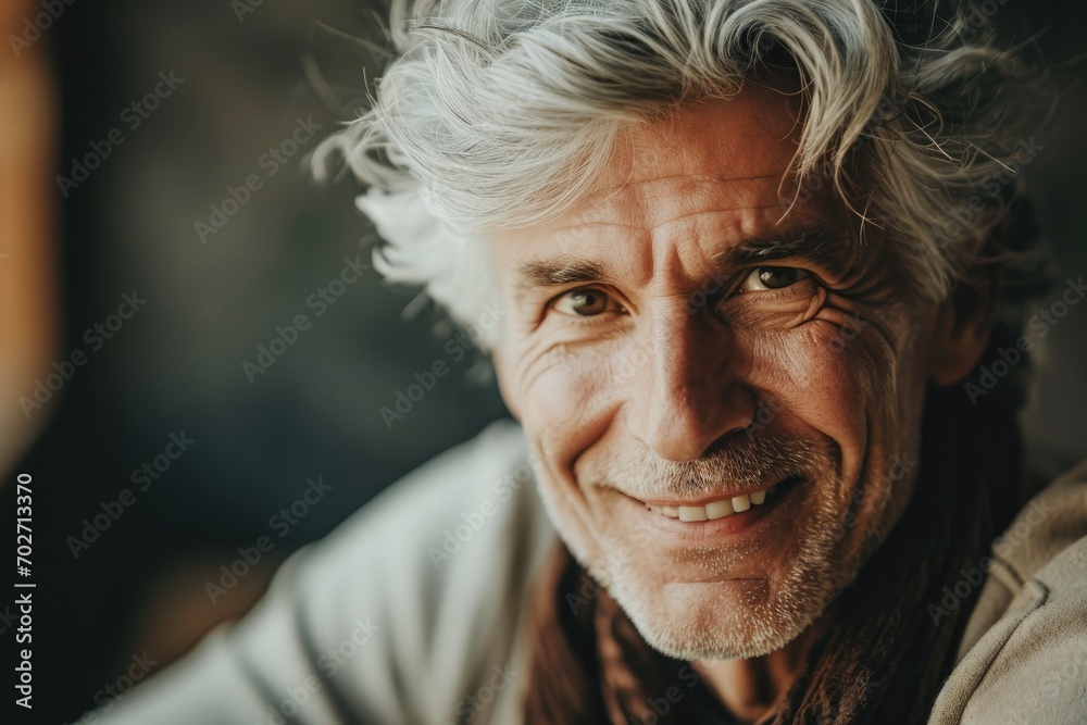 A joyous senior citizen with a radiant smile, adorned with wrinkles and a head of white hair, stands confidently in a portrait that captures the essence of humanity and the beauty of aging
