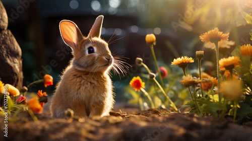 Curious Rabbit in a Vibrant Backyard, Alertly Nibbling Grass and Surveying Surroundings Amidst Blooming Flowers photo