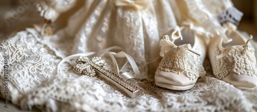Orthodox christening clothes with baby girl baptism shoes and cross. photo