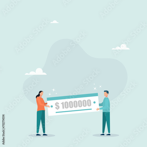 The happy couple won the lottery jackpot. The lucky winners hold a million dollar bank check. A man and a woman are holding a large winning bill. Vector illustration.
