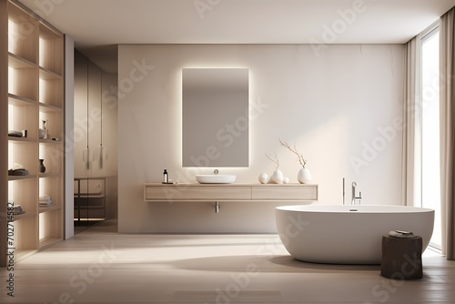 Contemporary modern classic minimalist bathroom with a freestanding bathtub  sleek fixtures  and a neutral color palette