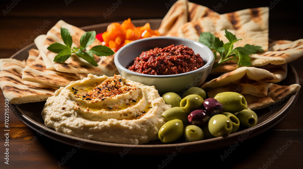 Traditional Middle Eastern Mezze with Hummus and Olives Presenting a Feast of Flavors