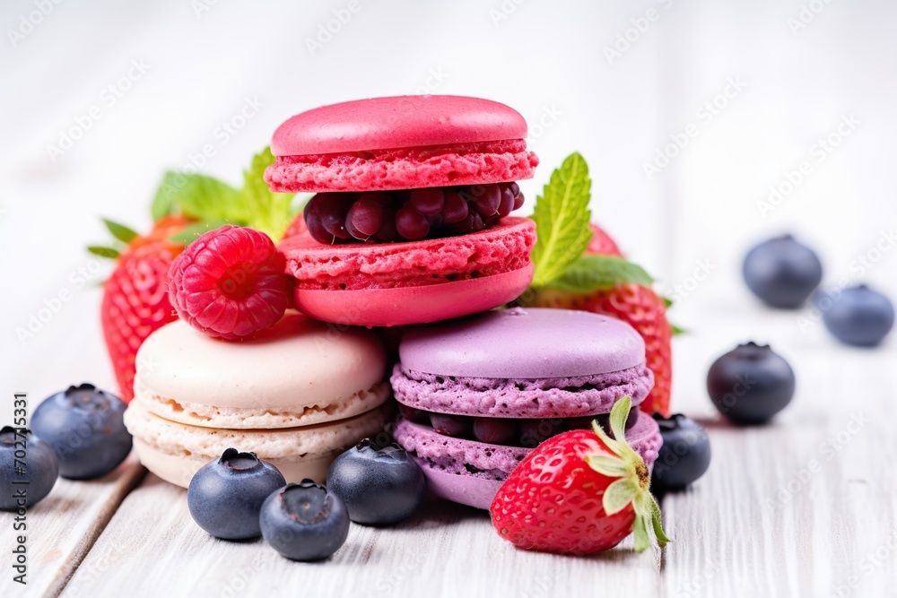 Colorful macarons dessert with berries on white wooden background