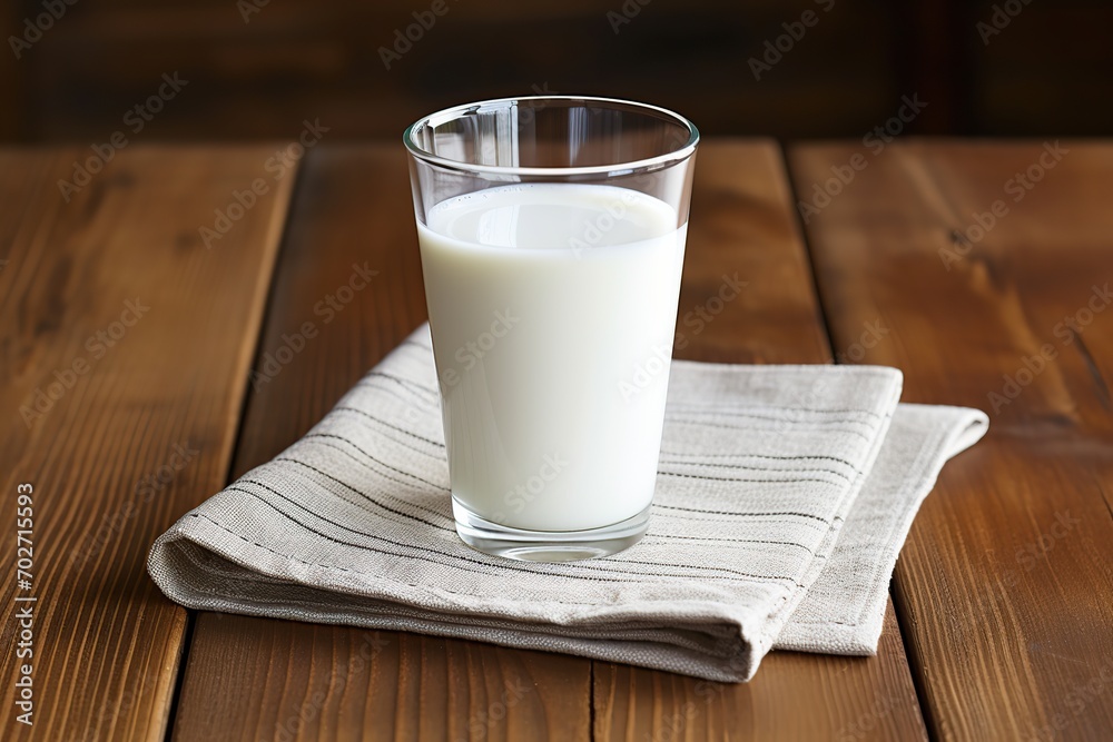 Glass of milk with napkin on wooden table Glass of milk with napkin on wooden table