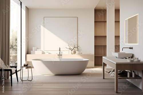 Contemporary modern classic minimalist bathroom with a freestanding bathtub  sleek fixtures  and a neutral color palette