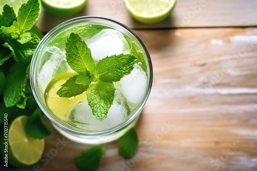 Flat lay of alcoholic mojito with ice and mint on wooden background